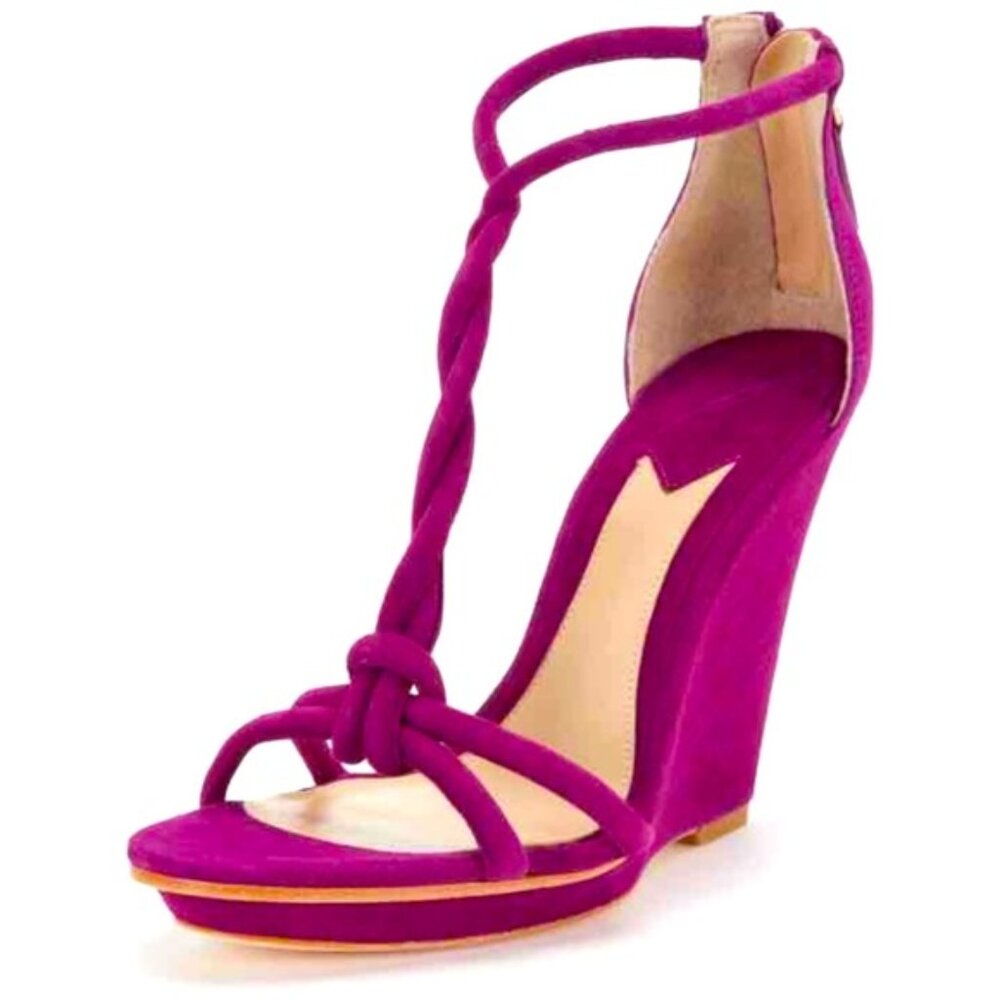 Brian Atwood Priscilla Suede Wedge Sandals in Fuchsia Suede Size 7.5M